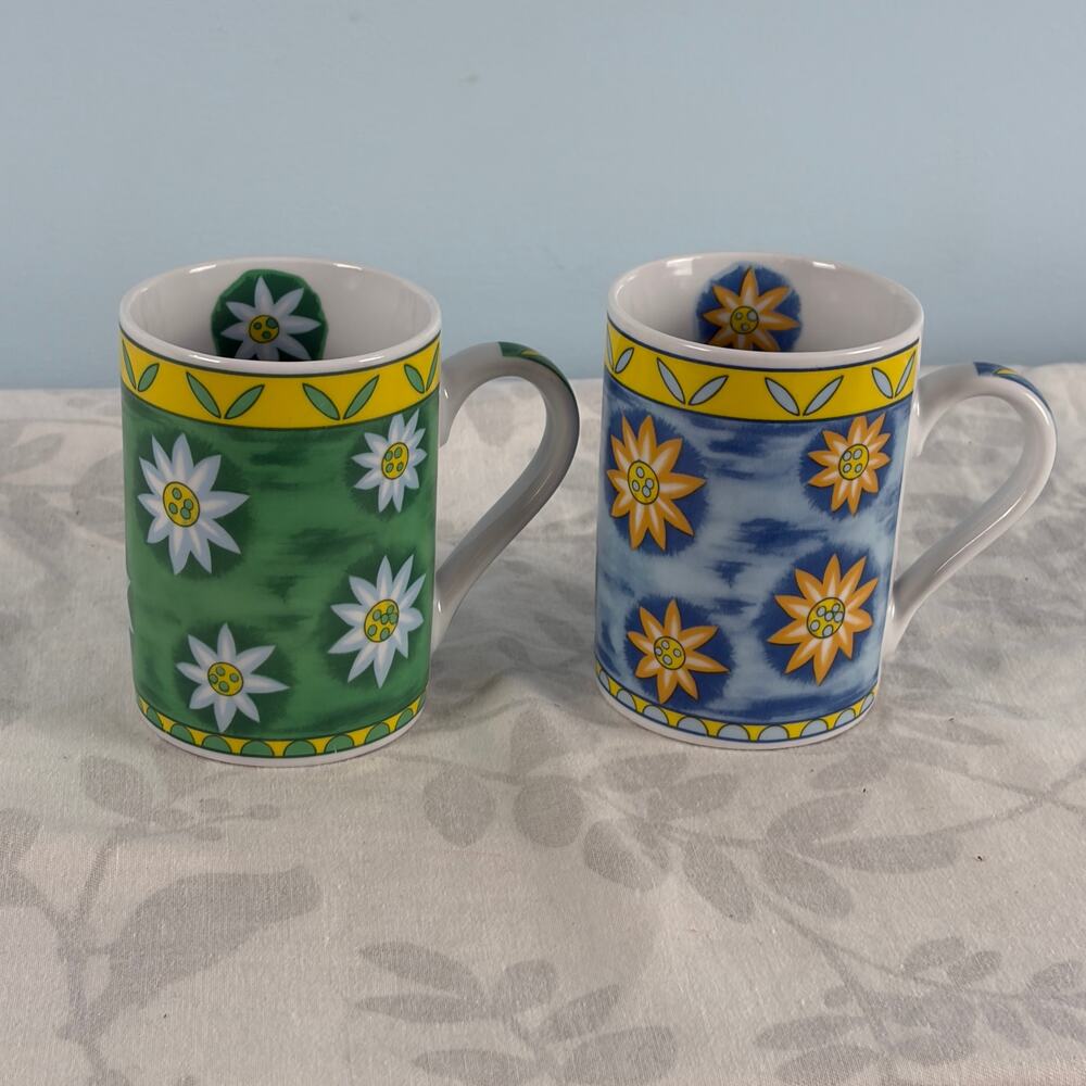 Vintage 90s Retro Floral Coffee Mug Pair Colorful Daisy Kitchen Decor